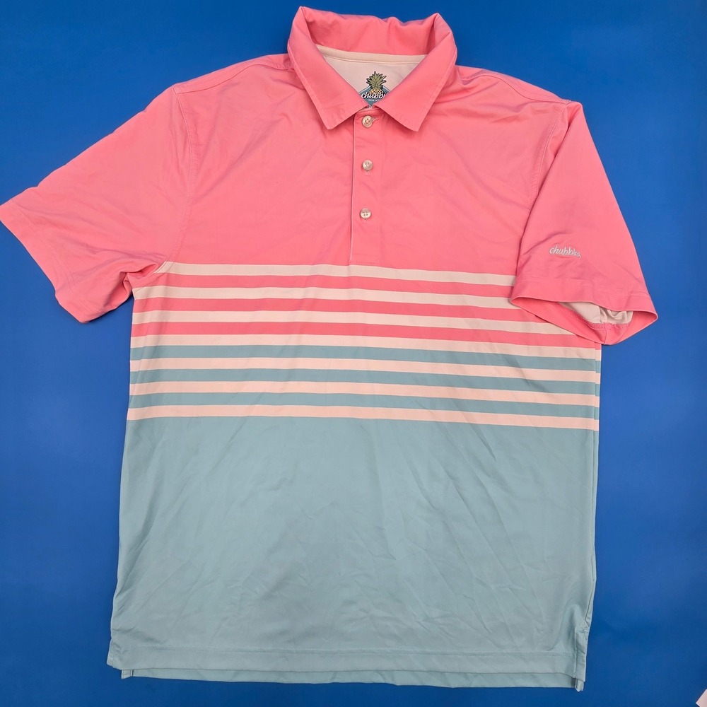 Chubbies Mens Performance Polo Shirt S Small Pink Blue Striped Bamboo Charcoal